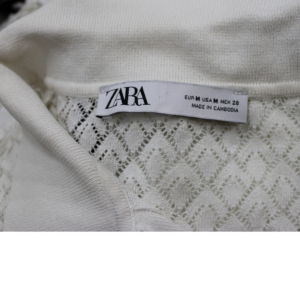 Zara Pointelle‎ Crochet Knit Long Sleeve Polo Sweater Women Size M White - Picture 3 of 4